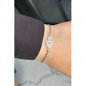 Gümüş Renk Fatma Ana Eli Figürlü Çelik Bileklik
