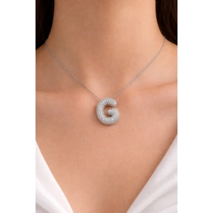 Gümüş Renk G Harf Taş Detaylı Çelik Kolye