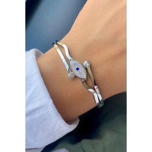 Gümüş Renk Göz Figürlü Çelik Kelepçe Bileklik