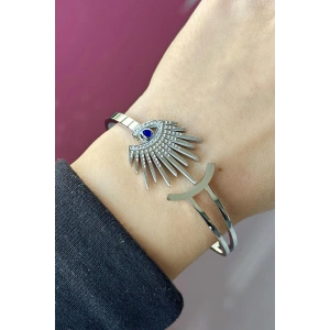 Gümüş Renk Göz Figürlü Çelik Kelepçe Bileklik