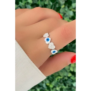 Gümüş Renk Göz Figürlü Taş Detaylı Ayarlanabilir  Çelik Yüzük