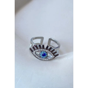 Gümüş Renk Göz Figürlü Taş Detaylı Ayarlanabilir Çelik Yüzük