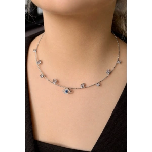 Gümüş Renk Göz Figürlü Taş Detaylı Choker Kolye