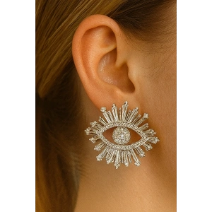 Gümüş Renk Göz Figürlü Taş Detaylı  Küpe (Çift)