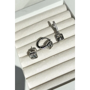 Gümüş Renk Göz Figürlü Taş Detaylı VİP 3lü YSX Küpe Set