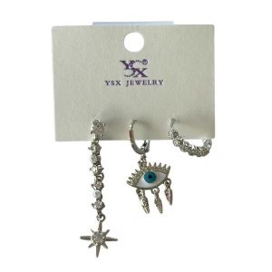 Gümüş Renk Göz Figürlü Taş Detaylı VİP 3lü YSX Küpe Set