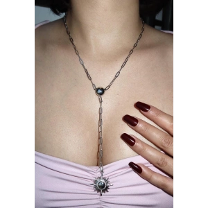 Gümüş Renk Güneş Figürlü Taş Detaylı Y Kolye