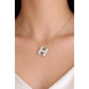 Gümüş Renk H Harf Taş Detaylı Çelik Kolye