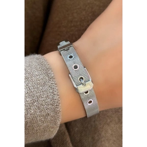 Gümüş Renk Hasır Kordon Detaylı Çelik Bileklik
