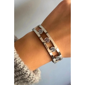 Gümüş Renk Hayat Ağacı Figürlü Çelik Kelepçe Bileklik