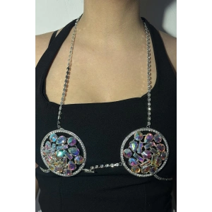 Gümüş Renk Hologram Taş Detaylı Göğüs Aksesuarı