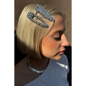 Gümüş Renk Hologram Taş Detaylı İkili Yan Toka