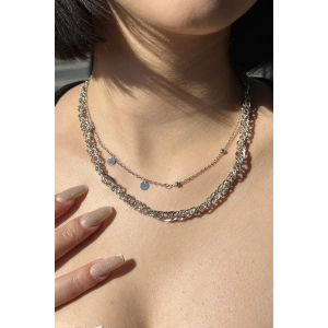 Gümüş Renk İkili Zincir Detaylı Kolye