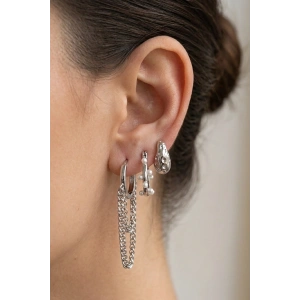 Gümüş Renk İnci Detaylı 3lü YSX Küpe Set