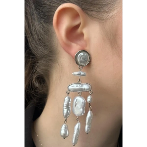 Gümüş Renk İnci Detaylı Abiye Küpe (Çift)