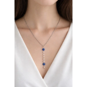 Gümüş Renk İnci Detaylı Çelik Kolye