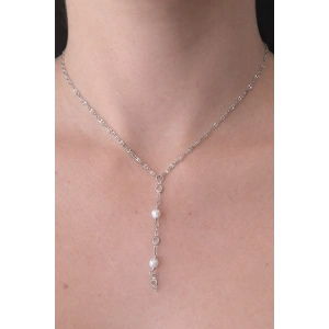 Gümüş Renk İnci Detaylı Çelik Y Kolye