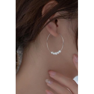 Gümüş Renk İnci Detaylı Halka Küpe (Çift)