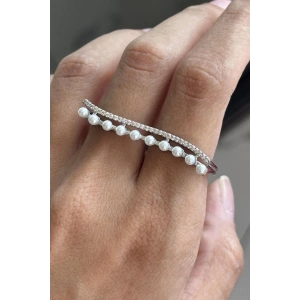 Gümüş Renk İnci Detaylı İkili Tasarım Yüzük