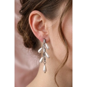 Gümüş Renk İnci Detaylı Sallantılı Küpe (Çift)