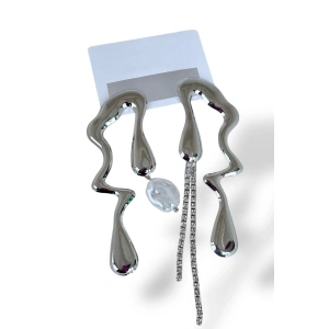 Gümüş Renk İnci Ve Taş Detaylı Abiye Küpe (Çift)