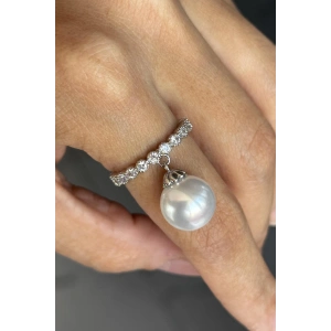 Gümüş Renk İnci Ve Taş Detaylı Ayarlanabilir Yüzük