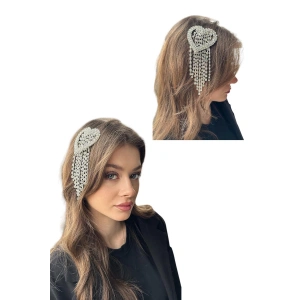 Gümüş Renk Kalp Detaylı Taşlı Tasarım Saç Aksesuarı