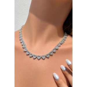 Gümüş Renk Kalp Detaylı Taşlı Vip 14K Altın Kaplama Kolye