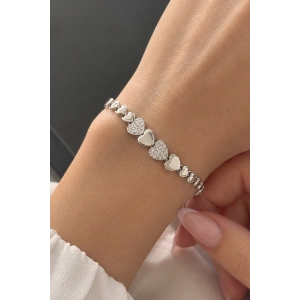 Gümüş Renk Kalp Figürlü 14K Altın Kaplama Taşlı Bileklik