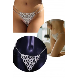 Gümüş Renk Kalp Figürlü Dolar Detaylı Taşlı Tanga