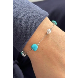 Gümüş Renk Kalp Figürlü İnci Detaylı Çelik Bileklik