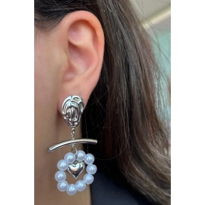 Gümüş Renk Kalp Figürlü İnci Detaylı Çelik Küpe (Çift)