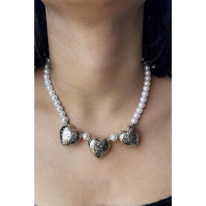 Gümüş Renk Kalp Fİgürlü İnci Detaylı YSX Kolye