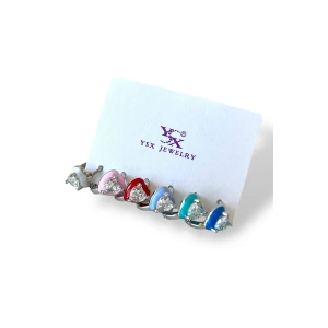 Gümüş Renk Kalp Figürlü Taş Detaylı 6lı YSX Küpe Set