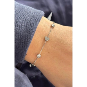 Gümüş Renk Kalp Figürlü Taş Detaylı Çelik Bileklik