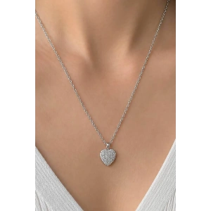 Gümüş Renk Kalp Figürlü  Taş Detaylı Çelik Kolye