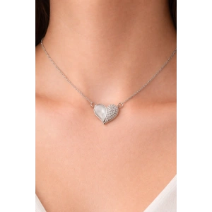 Gümüş Renk Kalp Figürlü Taş Detaylı Çelik Kolye