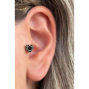 Gümüş Renk Kalp Figürlü Taş Detaylı Çelik Tragus/Kıkırdak Küpe/Piercing (Tek)