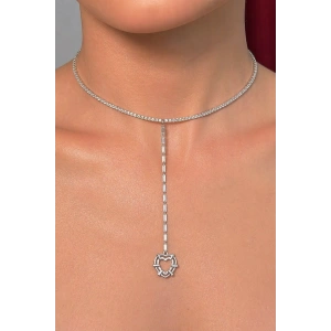 Gümüş Renk Kalp Figürlü Taş Detaylı Choker Kolye