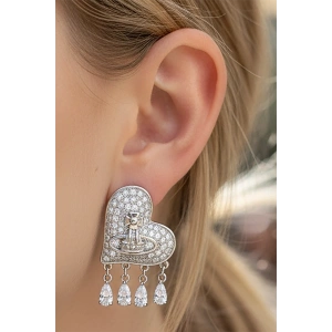 Gümüş Renk Kalp Figürlü Taş Detaylı Küpe (Çift)