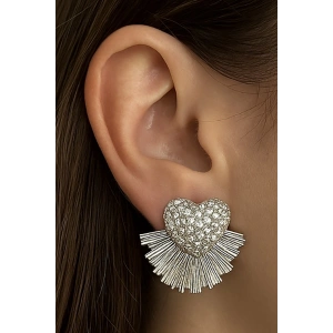 Gümüş Renk Kalp Figürlü Taş Detaylı Küpe (Çift)