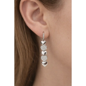 Gümüş Renk Kalp Figürlü Taş Detaylı Sallantılı 14K Altın Kaplama Küpe (Çift)