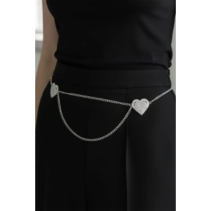 Gümüş Renk Kalp Figürlü Taş Detaylı Tasarım Bel Zinciri/Vücut Aksesuar