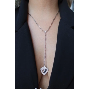 Gümüş Renk Kalp Figürlü Taş Detaylı Y Kolye
