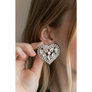 Gümüş Renk Kalp Figürlü Taşlı Abiye Küpe Kına/Gelin Küpe (Çift)