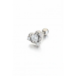 Gümüş Renk Kalp Figürlü Taşlı Cerrahi Çelik Tragus/Kıkırdak Küpe/Piercing (Tek)