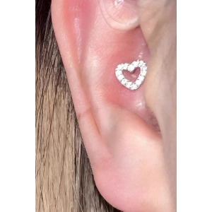 Gümüş Renk Kalp Figürlü Taşlı Cerrahi Çelik Tragus/Kıkırdak Küpe/Piercing (Tek)