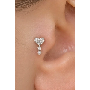 Gümüş Renk Kalp Figürlü Taşlı Cerrahi Çelik Tragus/Kıkırdak Küpe/Piercing (Tek)