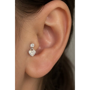 Gümüş Renk Kalp Figürlü Taşlı Cerrahi Çelik Tragus/Kıkırdak Küpe/Piercing (Tek)
