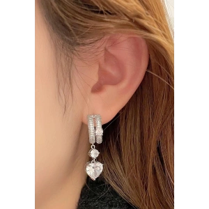 Gümüş Renk Kalp Taş Detaylı Küpe (Çift)